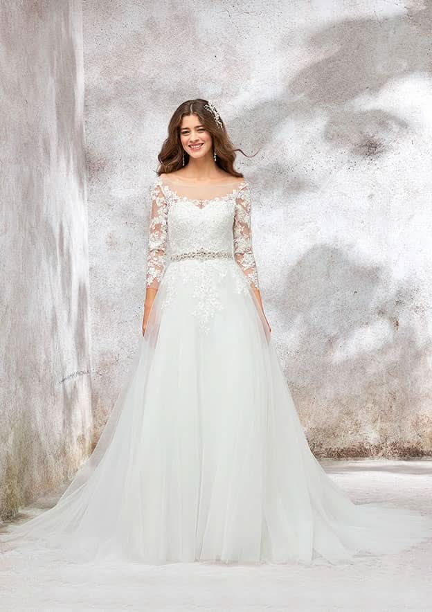 Glamorous Illusion Neck Full-Length Chapel Train Tulle Wedding Dress with Waistband, Lace Beading, and Appliques in Ball Gown Style BM bride