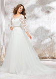 Glamorous Illusion Neck Full-Length Chapel Train Tulle Wedding Dress with Waistband, Lace Beading, and Appliques in Ball Gown Style BM bride