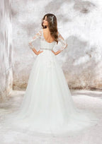 Glamorous Illusion Neck Full-Length Chapel Train Tulle Wedding Dress with Waistband, Lace Beading, and Appliques in Ball Gown Style BM bride