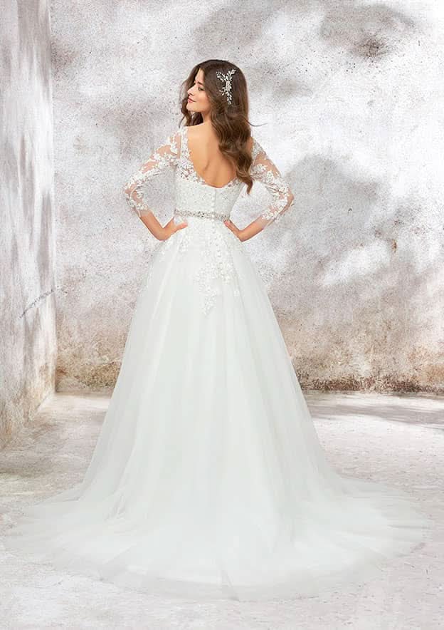 Glamorous Illusion Neck Full-Length Chapel Train Tulle Wedding Dress with Waistband, Lace Beading, and Appliques in Ball Gown Style BM bride