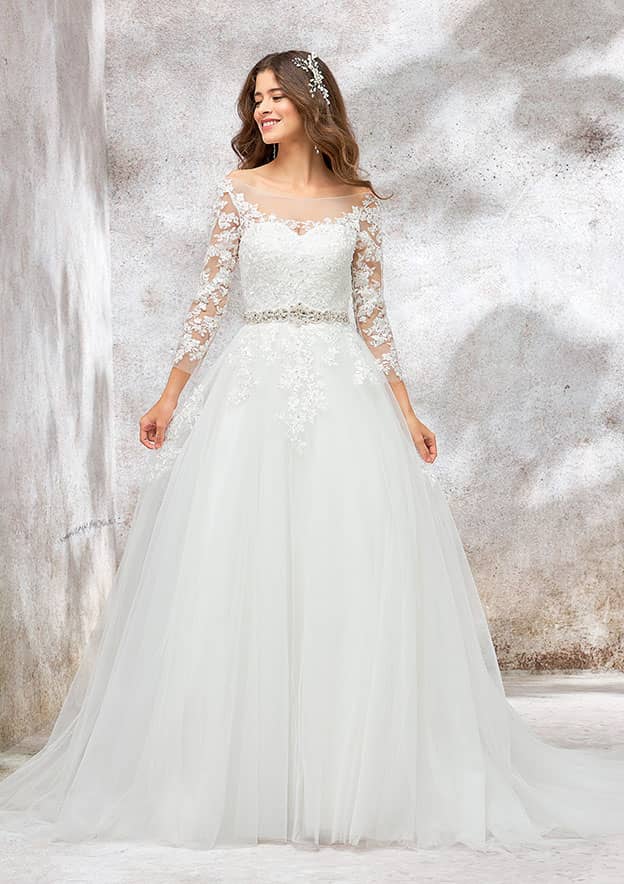 Glamorous Illusion Neck Full-Length Chapel Train Tulle Wedding Dress with Waistband, Lace Beading, and Appliques in Ball Gown Style BM bride
