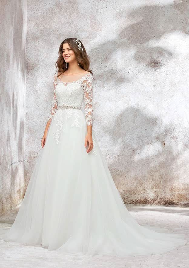 Glamorous Illusion Neck Full-Length Chapel Train Tulle Wedding Dress with Waistband, Lace Beading, and Appliques in Ball Gown Style BM bride