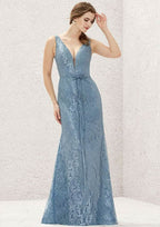 Long/Floor-Length Lace Satin Bridesmaid Dress, V-Neck, Sleeveless, With Waistband BM bride