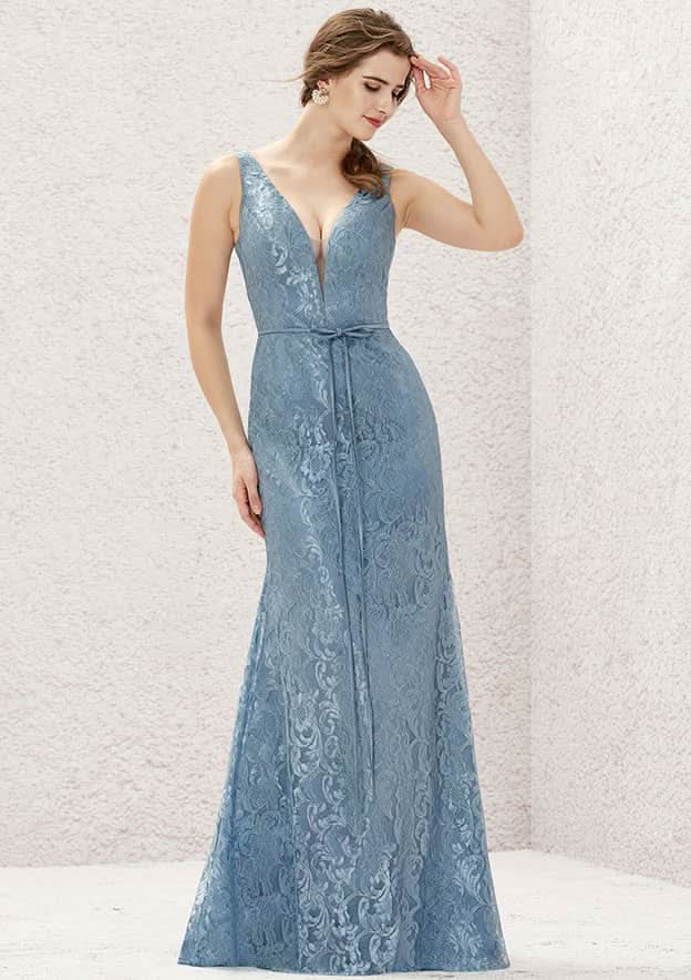 Long/Floor-Length Lace Satin Bridesmaid Dress, V-Neck, Sleeveless, With Waistband BM bride