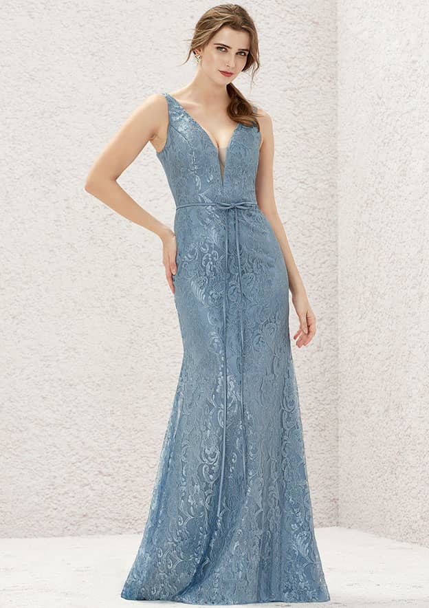 Long/Floor-Length Lace Satin Bridesmaid Dress, V-Neck, Sleeveless, With Waistband BM bride