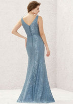 Long/Floor-Length Lace Satin Bridesmaid Dress, V-Neck, Sleeveless, With Waistband BM bride