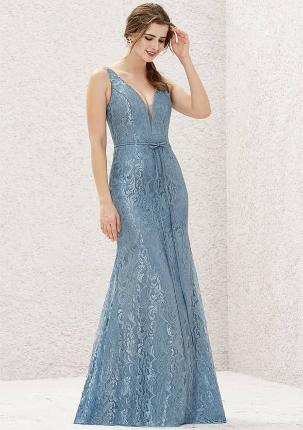 Long/Floor-Length Lace Satin Bridesmaid Dress, V-Neck, Sleeveless, With Waistband BM bride