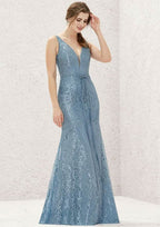 Long/Floor-Length Lace Satin Bridesmaid Dress, V-Neck, Sleeveless, With Waistband BM bride