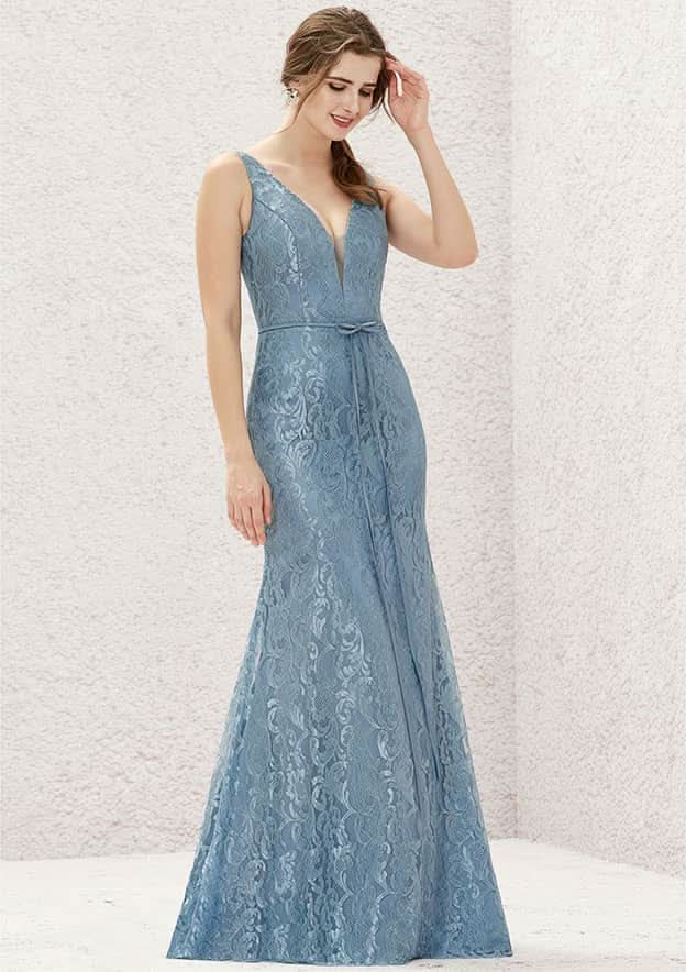 Long/Floor-Length Lace Satin Bridesmaid Dress, V-Neck, Sleeveless, With Waistband BM bride