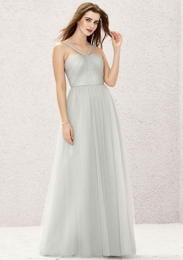 Halter Neck Floor-Length Tulle And Satin Bridesmaid Dress, A-Line Style, Sleeveless, With Pleats BM bride