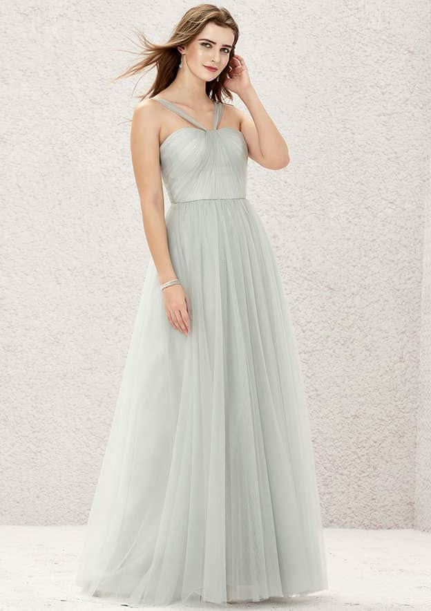 Halter Neck Floor-Length Tulle And Satin Bridesmaid Dress, A-Line Style, Sleeveless, With Pleats BM bride