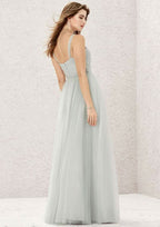 Halter Neck Floor-Length Tulle And Satin Bridesmaid Dress, A-Line Style, Sleeveless, With Pleats BM bride