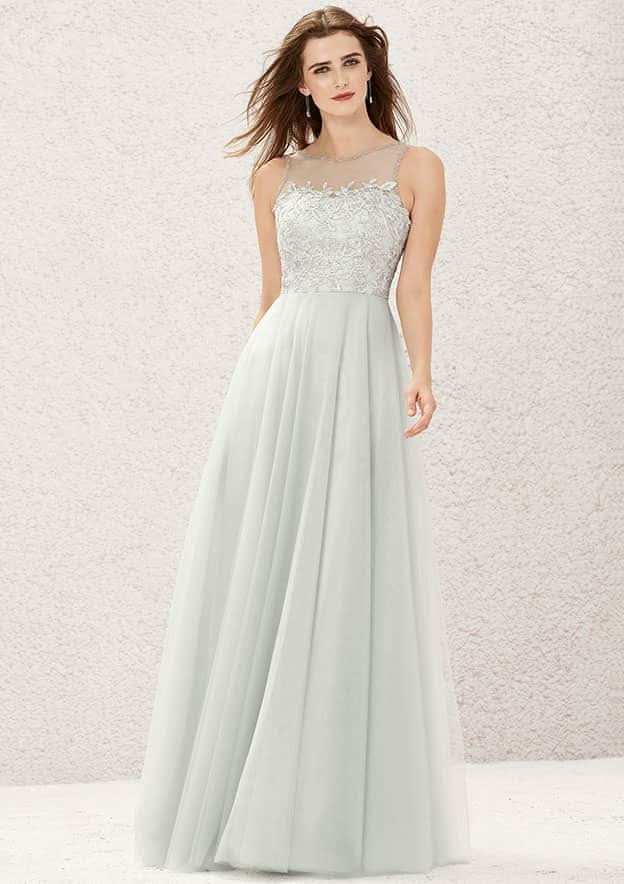 A-Line Tulle And Satin Bridesmaid Dress, Floor-Length, Illusion Neck, Sleeveless, Decorated With Beading And Appliqued BM bride