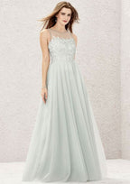 A-Line Tulle And Satin Bridesmaid Dress, Floor-Length, Illusion Neck, Sleeveless, Decorated With Beading And Appliqued BM bride
