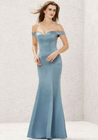 Long/Floor-Length Satin Bridesmaid Dress, Trumpet/Mermaid Cut, Off-The-Shoulder Neckline, Sleeveless BM bride