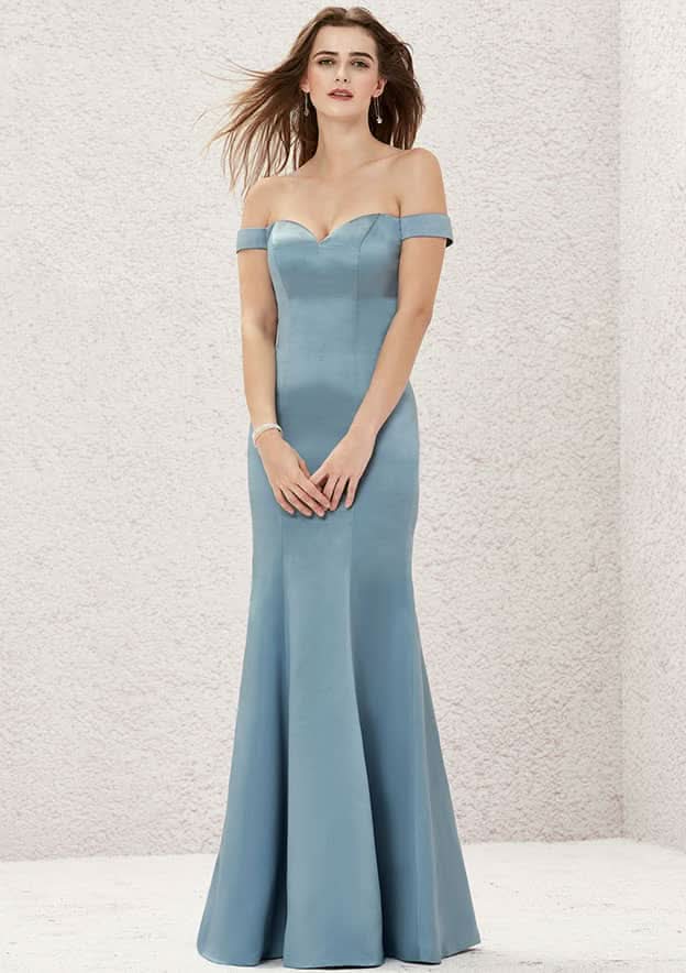 Long/Floor-Length Satin Bridesmaid Dress, Trumpet/Mermaid Cut, Off-The-Shoulder Neckline, Sleeveless BM bride