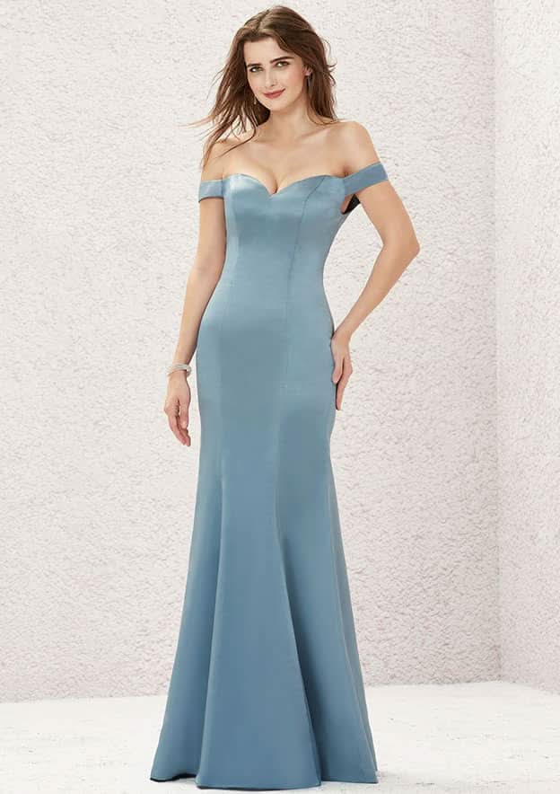 Long/Floor-Length Satin Bridesmaid Dress, Trumpet/Mermaid Cut, Off-The-Shoulder Neckline, Sleeveless BM bride