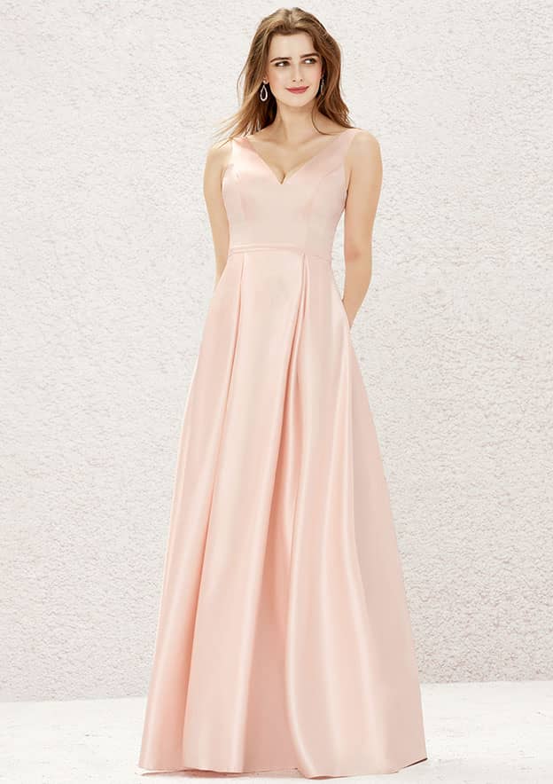 A-Line Floor-Length Sleeveless Satin Bridesmaid Dress, V-Neck With Pleats And Pockets BM bride
