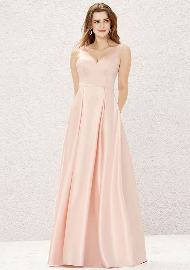 A-Line Floor-Length Sleeveless Satin Bridesmaid Dress, V-Neck With Pleats And Pockets BM bride