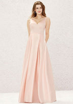 A-Line Floor-Length Sleeveless Satin Bridesmaid Dress, V-Neck With Pleats And Pockets BM bride