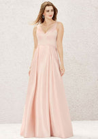 A-Line Floor-Length Sleeveless Satin Bridesmaid Dress, V-Neck With Pleats And Pockets BM bride