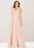 A-Line Floor-Length Sleeveless Satin Bridesmaid Dress, V-Neck With Pleats And Pockets BM bride