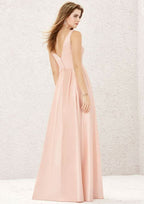 A-Line Floor-Length Sleeveless Satin Bridesmaid Dress, V-Neck With Pleats And Pockets BM bride