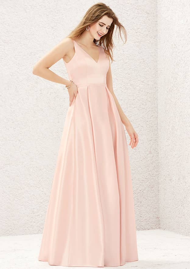 A-Line Floor-Length Sleeveless Satin Bridesmaid Dress, V-Neck With Pleats And Pockets BM bride