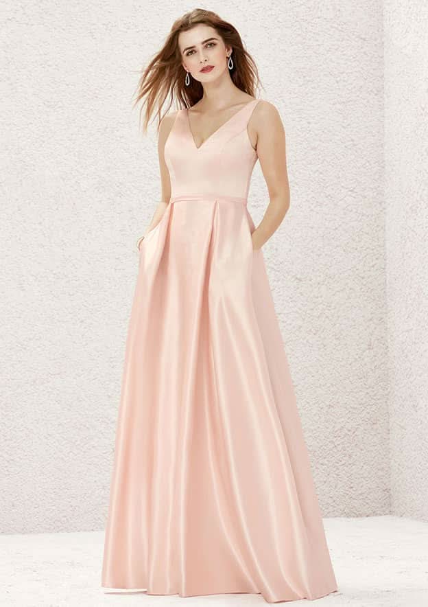 A-Line Floor-Length Sleeveless Satin Bridesmaid Dress, V-Neck With Pleats And Pockets BM bride