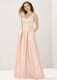 A-Line Floor-Length Sleeveless Satin Bridesmaid Dress, V-Neck With Pleats And Pockets BM bride