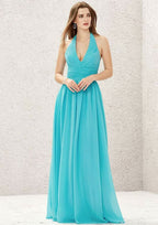 Long/Floor-Length Chiffon Bridesmaid Dress, Halter Neckline, Sleeveless, With Pleats BM bride