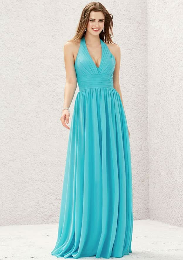Long/Floor-Length Chiffon Bridesmaid Dress, Halter Neckline, Sleeveless, With Pleats BM bride