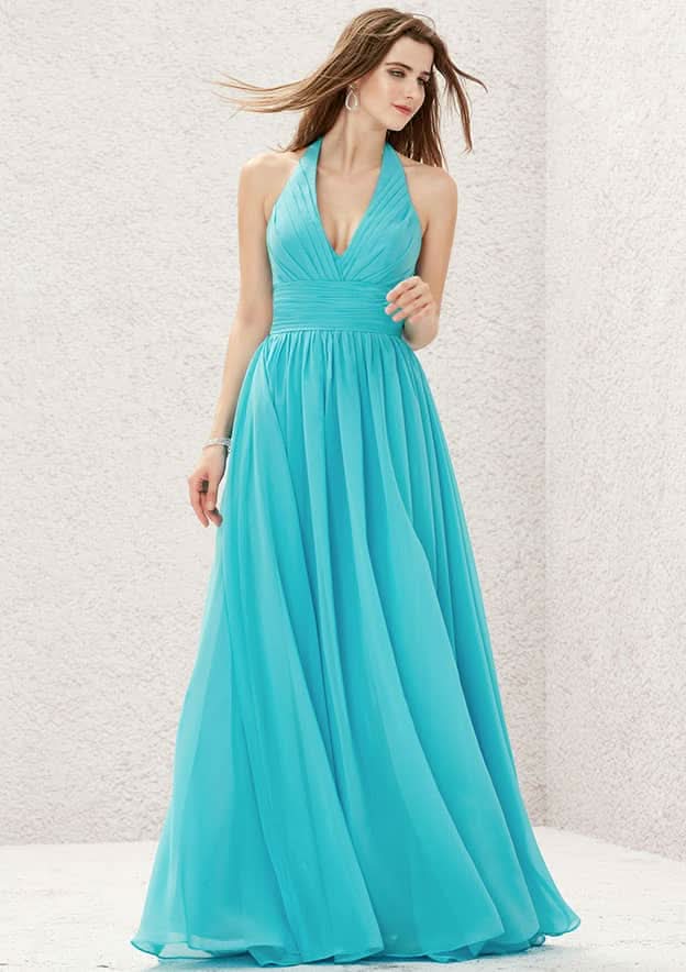Long/Floor-Length Chiffon Bridesmaid Dress, Halter Neckline, Sleeveless, With Pleats BM bride