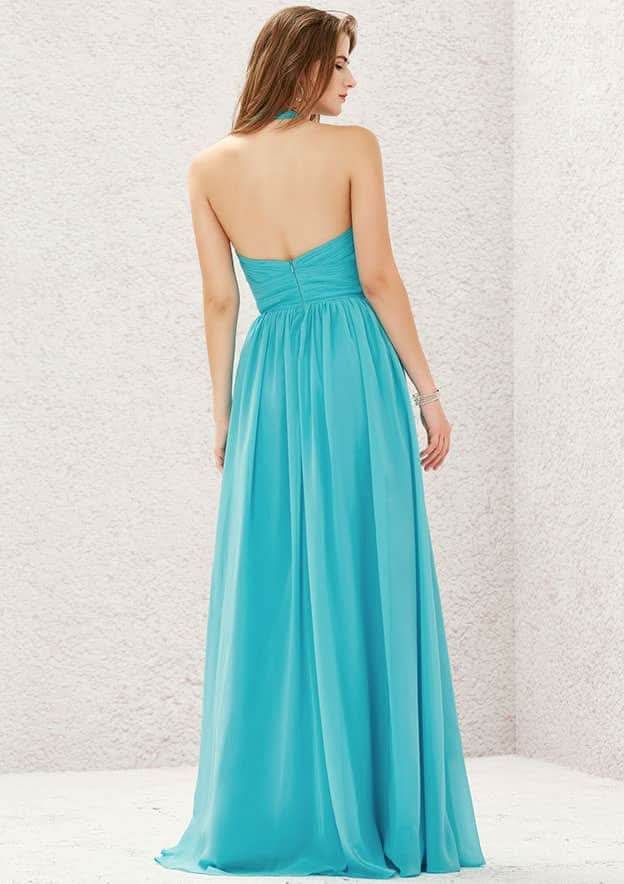 Long/Floor-Length Chiffon Bridesmaid Dress, Halter Neckline, Sleeveless, With Pleats BM bride