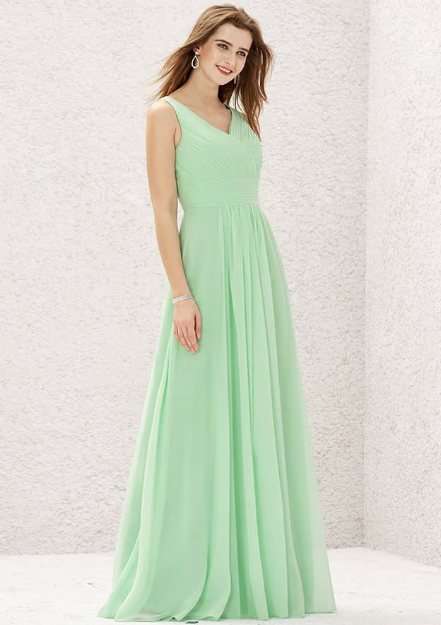 A-Line Sleeveless Floor-Length Chiffon Sexy Bridesmaid Dress, V-Neck With Pleats BM bride