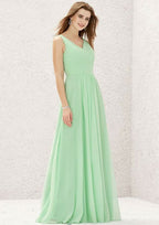 A-Line Sleeveless Floor-Length Chiffon Sexy Bridesmaid Dress, V-Neck With Pleats BM bride