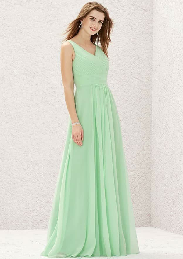 A-Line Sleeveless Floor-Length Chiffon Sexy Bridesmaid Dress, V-Neck With Pleats BM bride