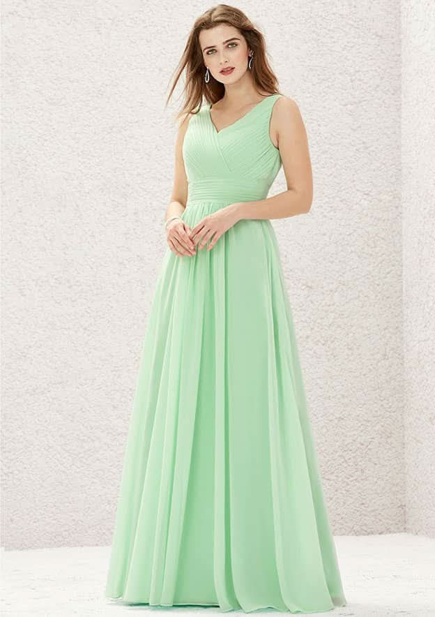 A-Line Sleeveless Floor-Length Chiffon Sexy Bridesmaid Dress, V-Neck With Pleats BM bride