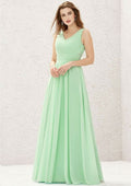 A-Line Sleeveless Floor-Length Chiffon Sexy Bridesmaid Dress, V-Neck With Pleats BM bride