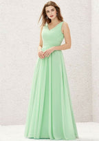 A-Line Sleeveless Floor-Length Chiffon Sexy Bridesmaid Dress, V-Neck With Pleats BM bride