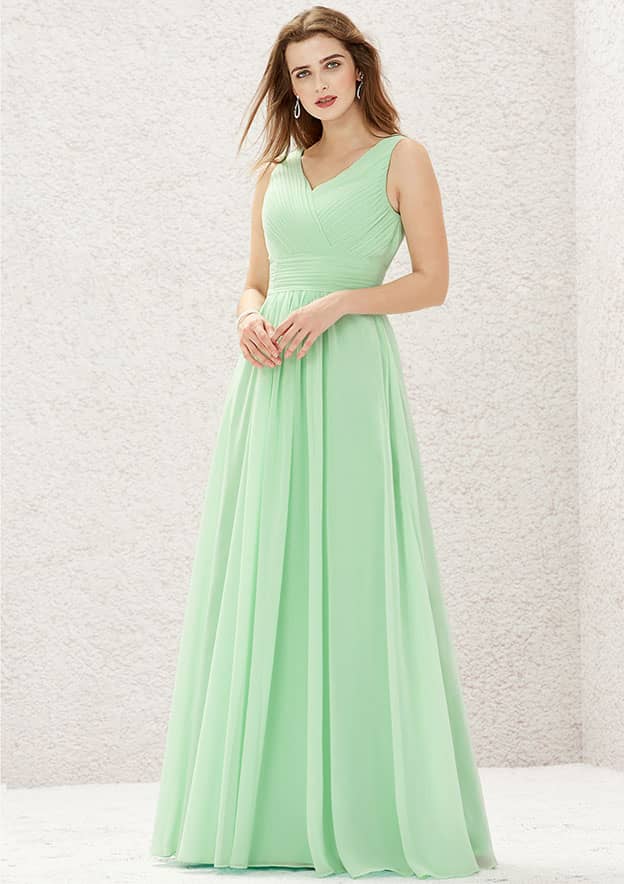 A-Line Sleeveless Floor-Length Chiffon Sexy Bridesmaid Dress, V-Neck With Pleats BM bride