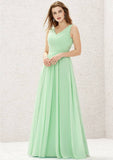 A-Line Sleeveless Floor-Length Chiffon Sexy Bridesmaid Dress, V-Neck With Pleats BM bride
