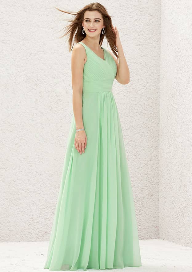 A-Line Sleeveless Floor-Length Chiffon Sexy Bridesmaid Dress, V-Neck With Pleats BM bride