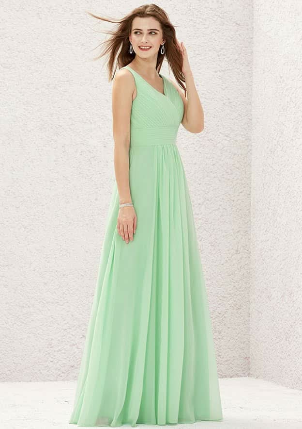 A-Line Sleeveless Floor-Length Chiffon Sexy Bridesmaid Dress, V-Neck With Pleats BM bride