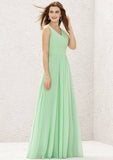 A-Line Sleeveless Floor-Length Chiffon Sexy Bridesmaid Dress, V-Neck With Pleats BM bride