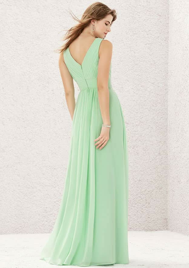 A-Line Sleeveless Floor-Length Chiffon Sexy Bridesmaid Dress, V-Neck With Pleats BM bride