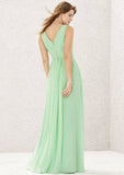 A-Line Sleeveless Floor-Length Chiffon Sexy Bridesmaid Dress, V-Neck With Pleats BM bride