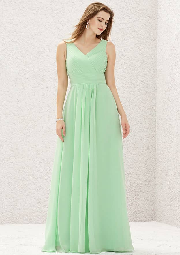 A-Line Sleeveless Floor-Length Chiffon Sexy Bridesmaid Dress, V-Neck With Pleats BM bride