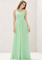 A-Line Sleeveless Floor-Length Chiffon Sexy Bridesmaid Dress, V-Neck With Pleats BM bride