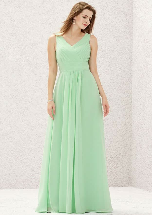 A-Line Sleeveless Floor-Length Chiffon Sexy Bridesmaid Dress, V-Neck With Pleats BM bride
